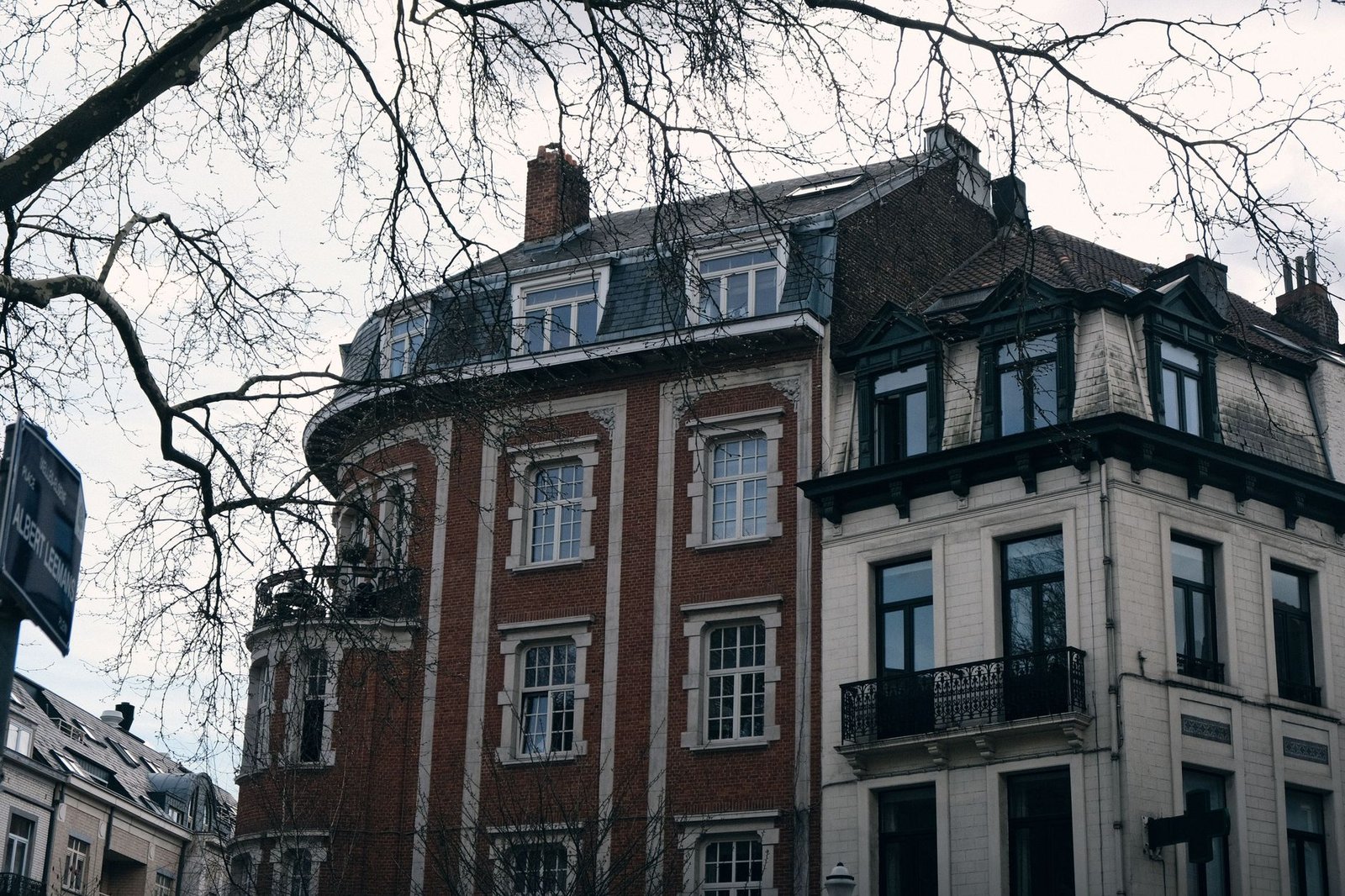 Rue résidentielle calme à Auderghem, Bruxelles, avec des arbres et une lumière douce
