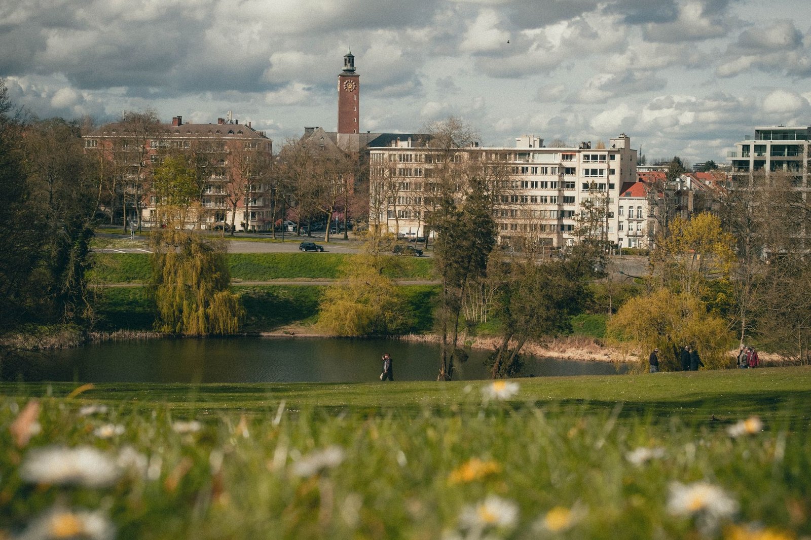 Rustige groene laan in Watermael-Boitsfort met bomen en een pleintje op de achtergrond
